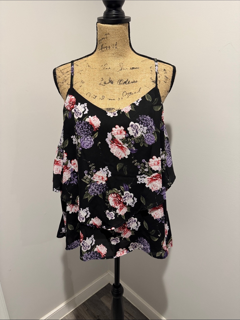 Torrid Floral Tiered Spaghetti Strap Tank Top - Black/Purple/Pink